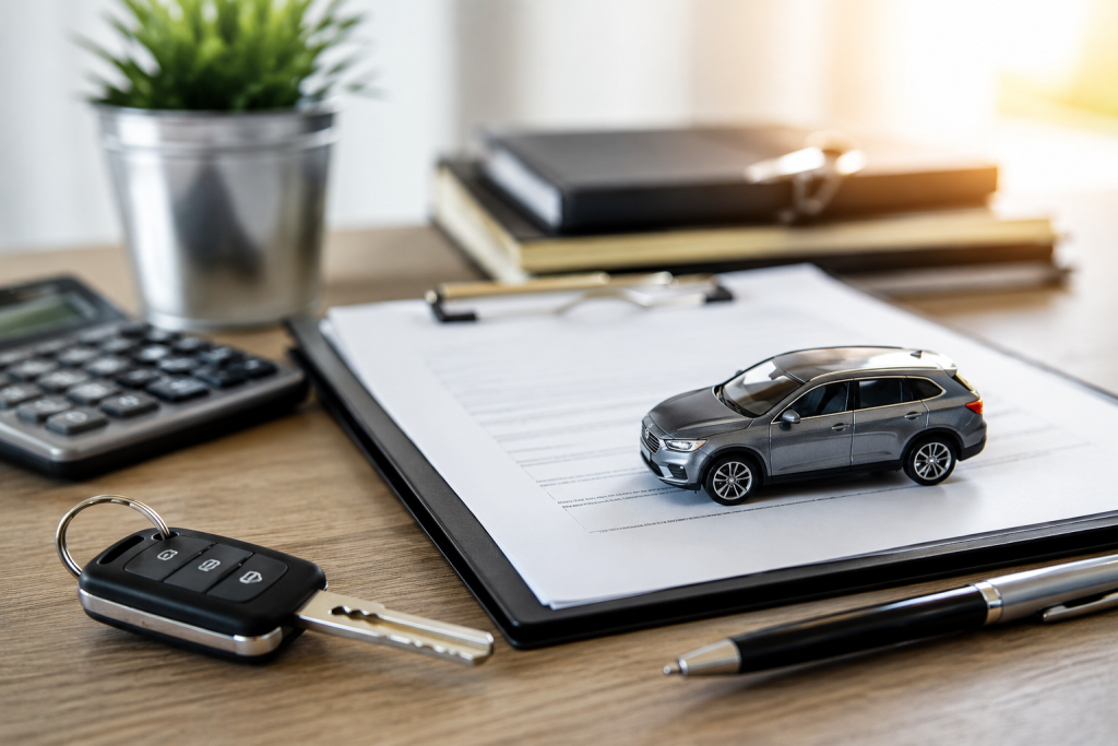 Close-up of a desk with a car key fob, miniature car, clipboard, and office supplies, representing car leasing, financing, and vehicle paperwork.