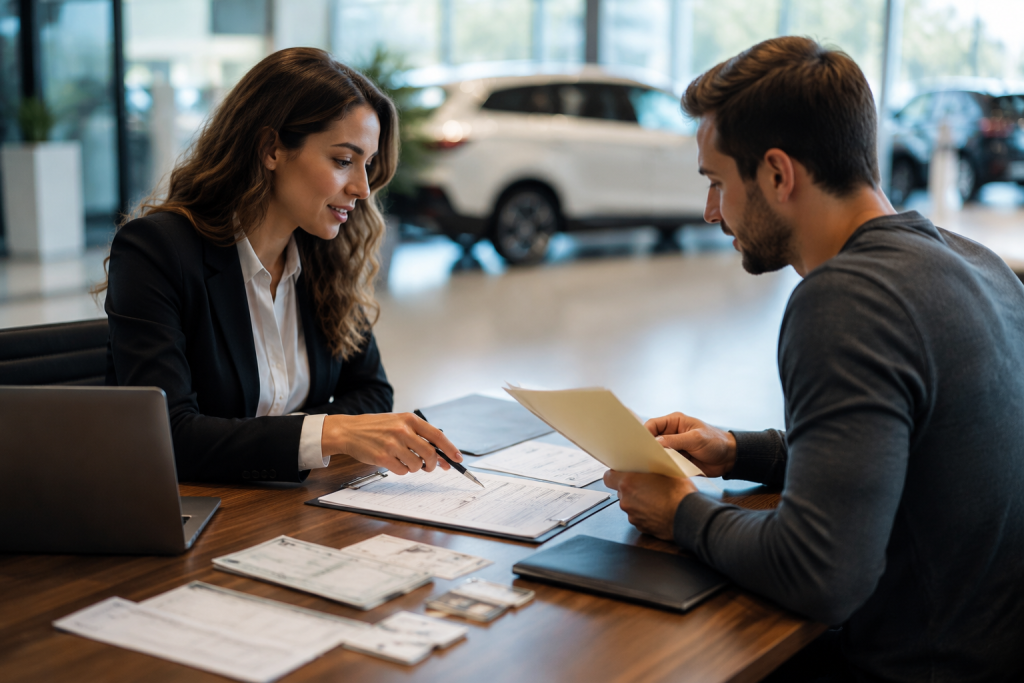 Customer and finance advisor reviewing car loan documents and financing application in dealership office