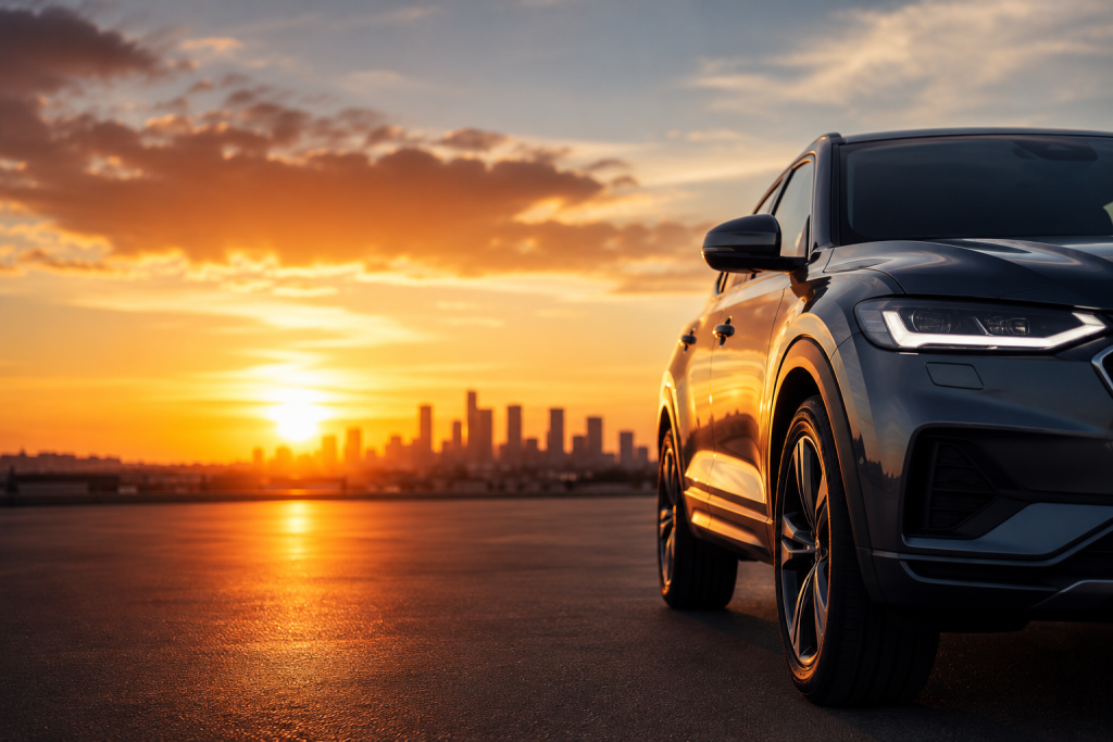 Modern SUV at sunset representing confidence, vehicle ownership, and a positive automotive experience