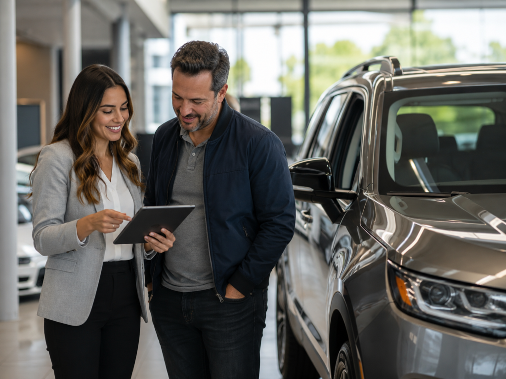 Auto broker helping customer with vehicle ownership support after purchase