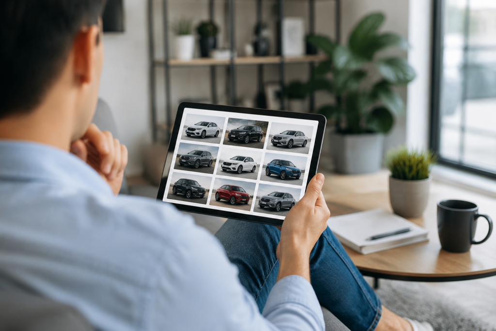 Auto broker services helping customer explore vehicle buying options on a tablet