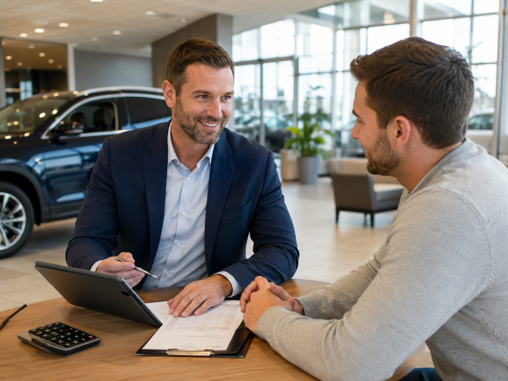 Auto broker services consultation with customer reviewing vehicle options and financing choices